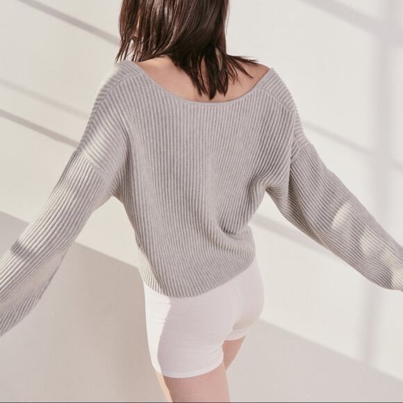 Lunya Cozy Cotton Silk Reversible Pullover Sweater Grey Heather Sz L Ribbed - Picture 3 of 10